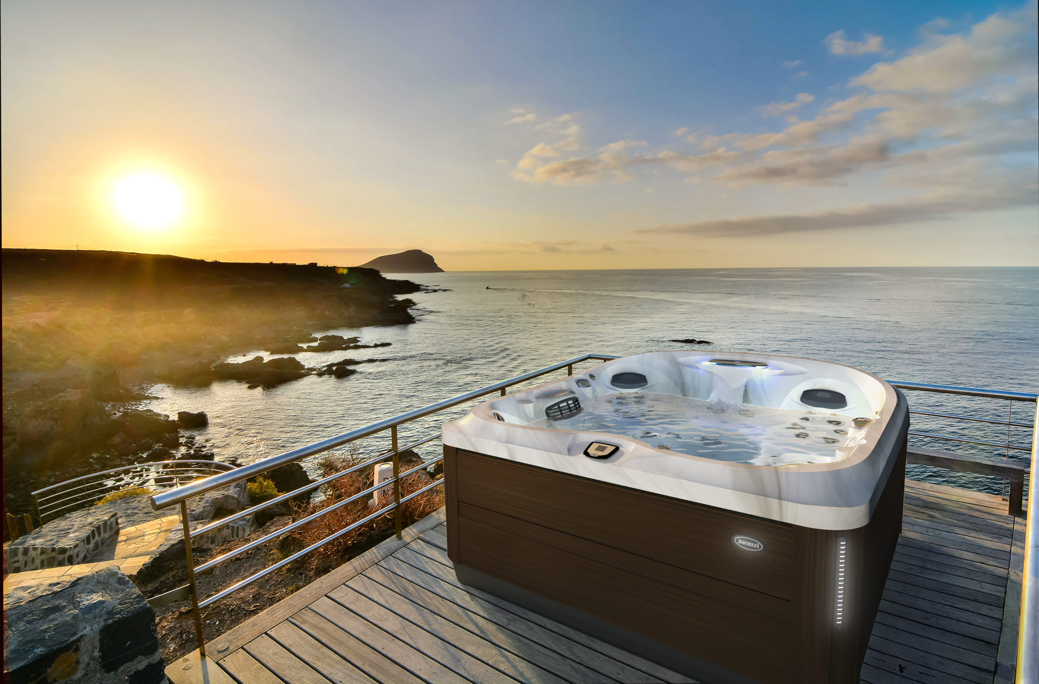Jacuzzi Hot Tub installed on a deck by the water.