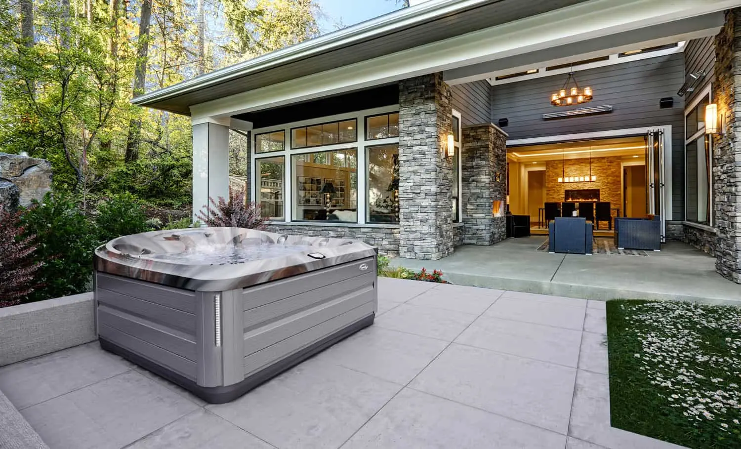 jacuzzi hot tub model j-485 in grey cabinet with lounger seat