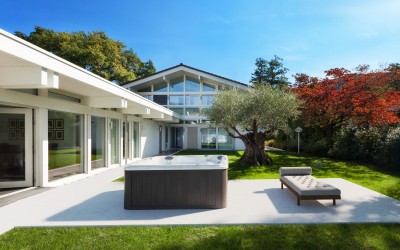 Hot tub installation in backyard