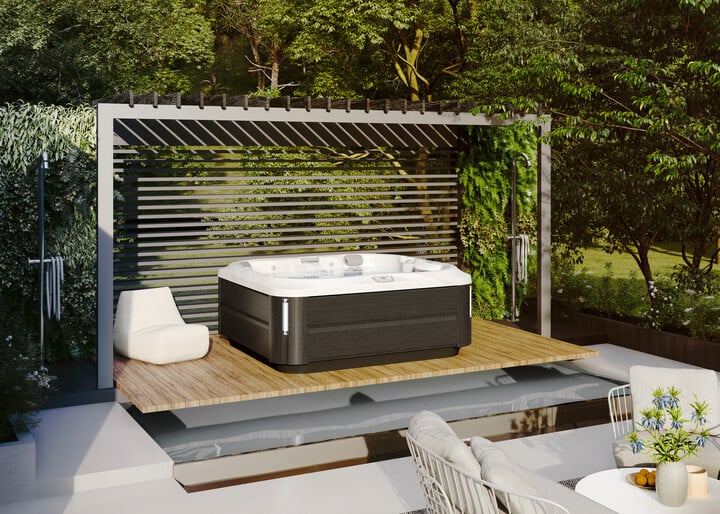 hot tub on a deck with a pergola - hot tub patio ideas