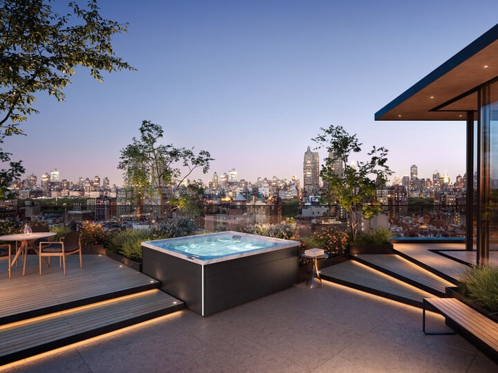 Hot Tub With City Skyline In The Background - Hot Tub Patio Ideas